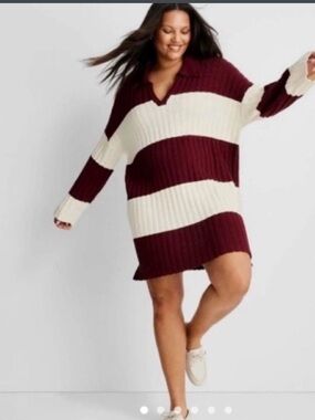 Striped Rib Knit Sweater Dress in Burgundy and Cream